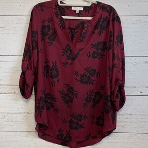 Chaus 3/4 Sleeve V Neck Blouse in Burgundy/Black Floral Pattern, size XL